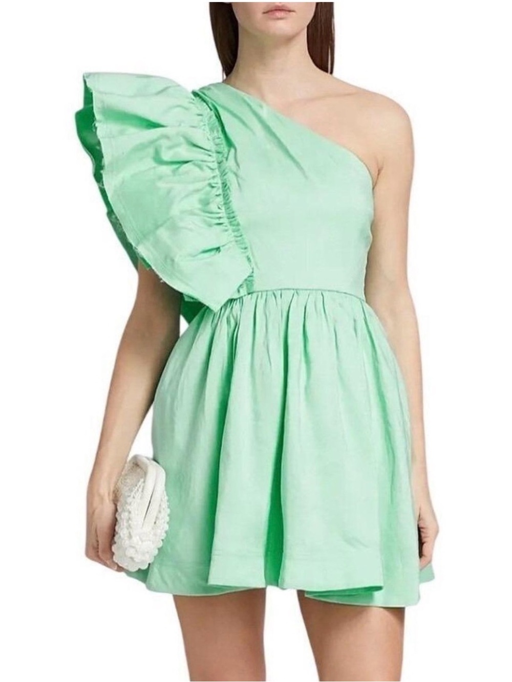 Aje Mint Green One-Shoulder
Ruffle Mini Dress